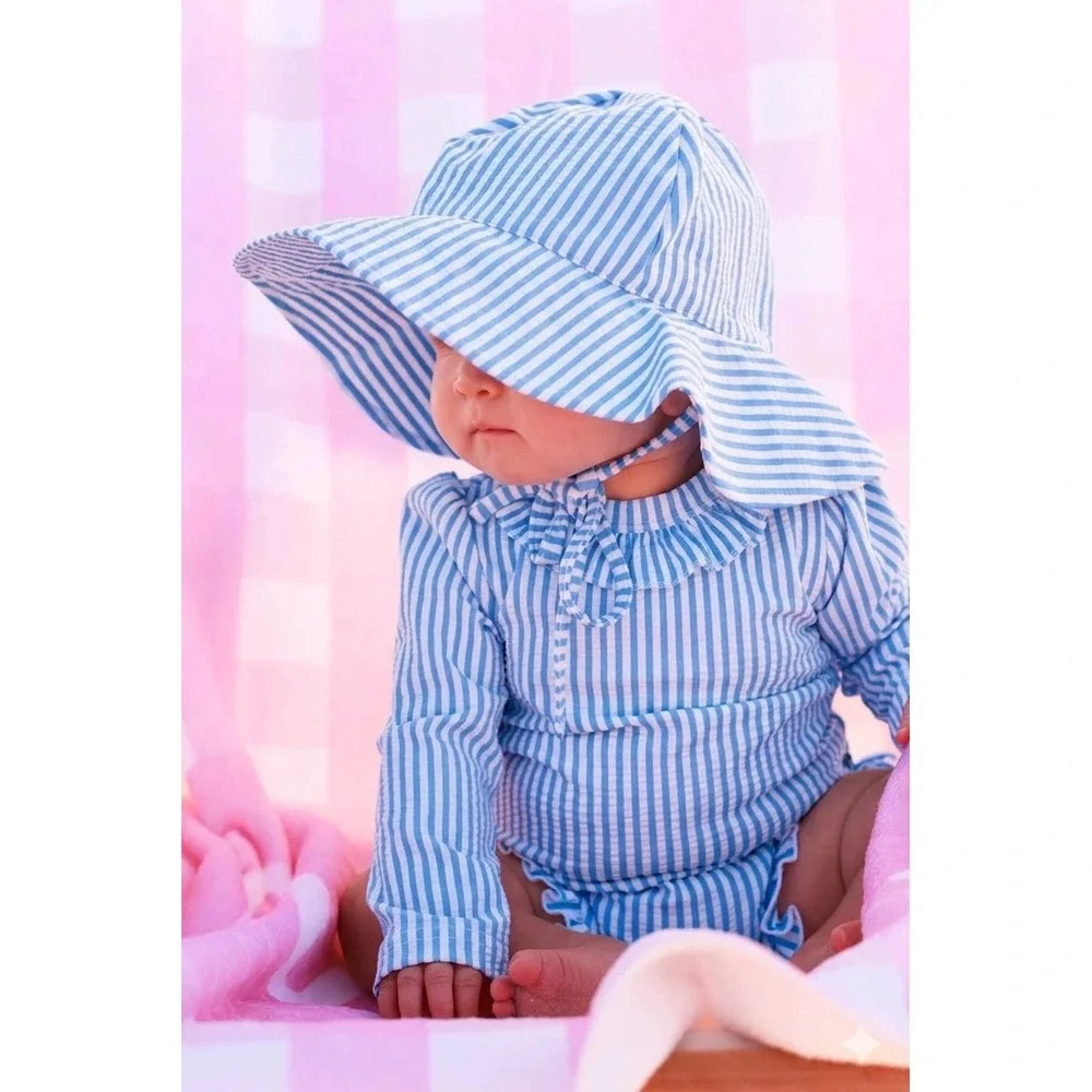 Caden Lane Baby Sun Hat Blue White Striped Wide‎ Brim Chin Strap Size S